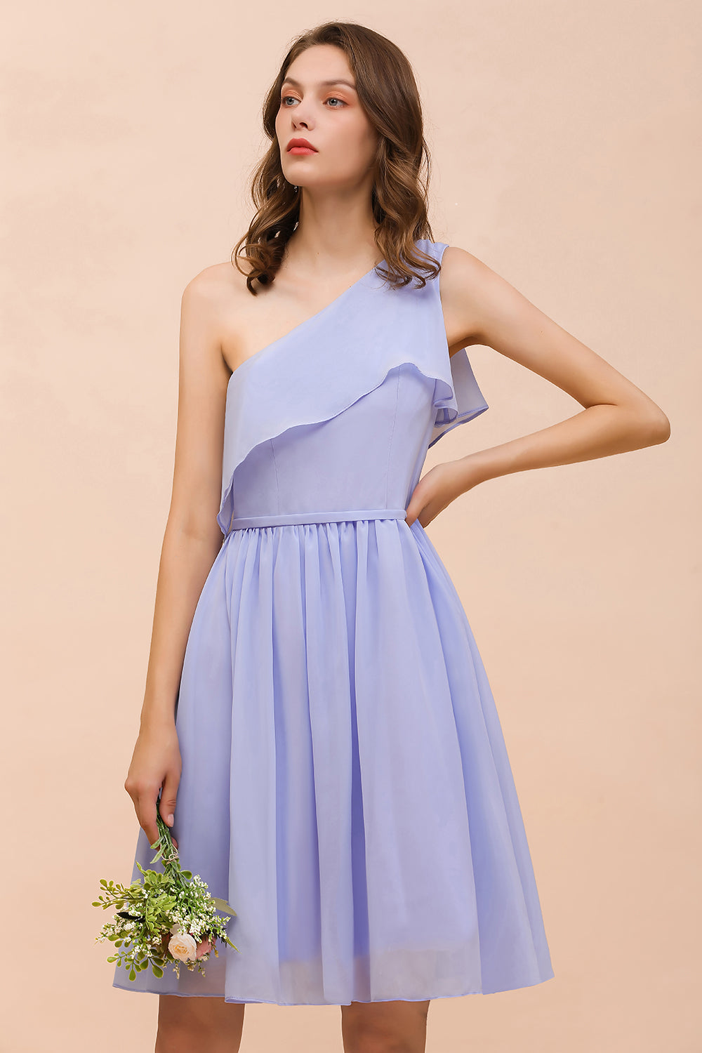 Affordable One Shoulder Ruffle Lavender Chiffon Short Bridesmaid Dresses - Fashionpara