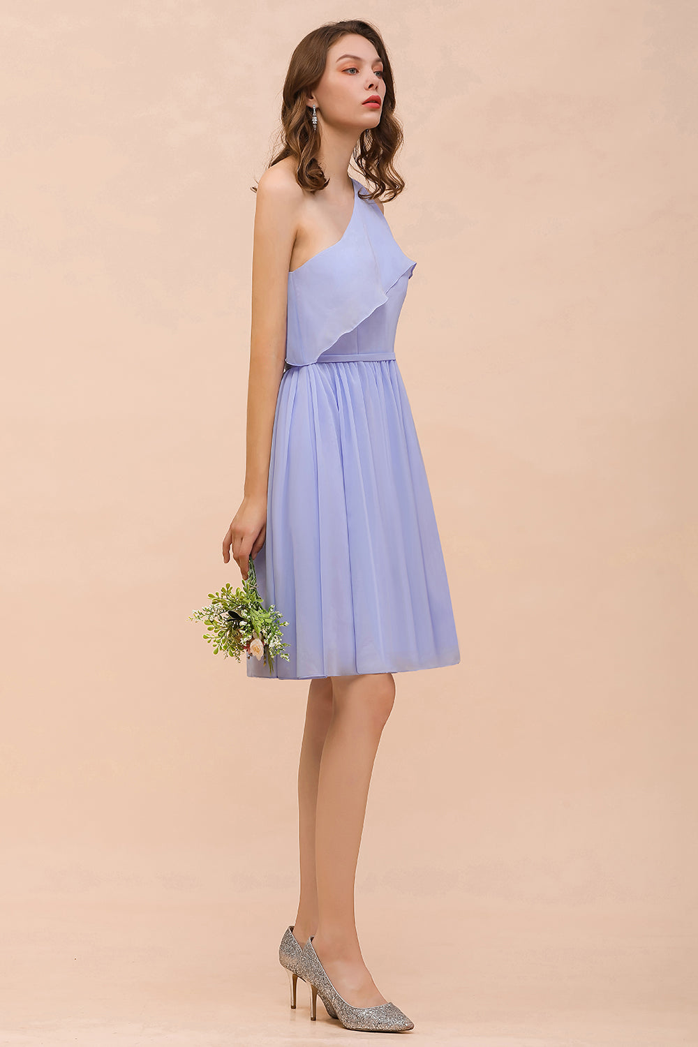 Affordable One Shoulder Ruffle Lavender Chiffon Short Bridesmaid Dresses - Fashionpara