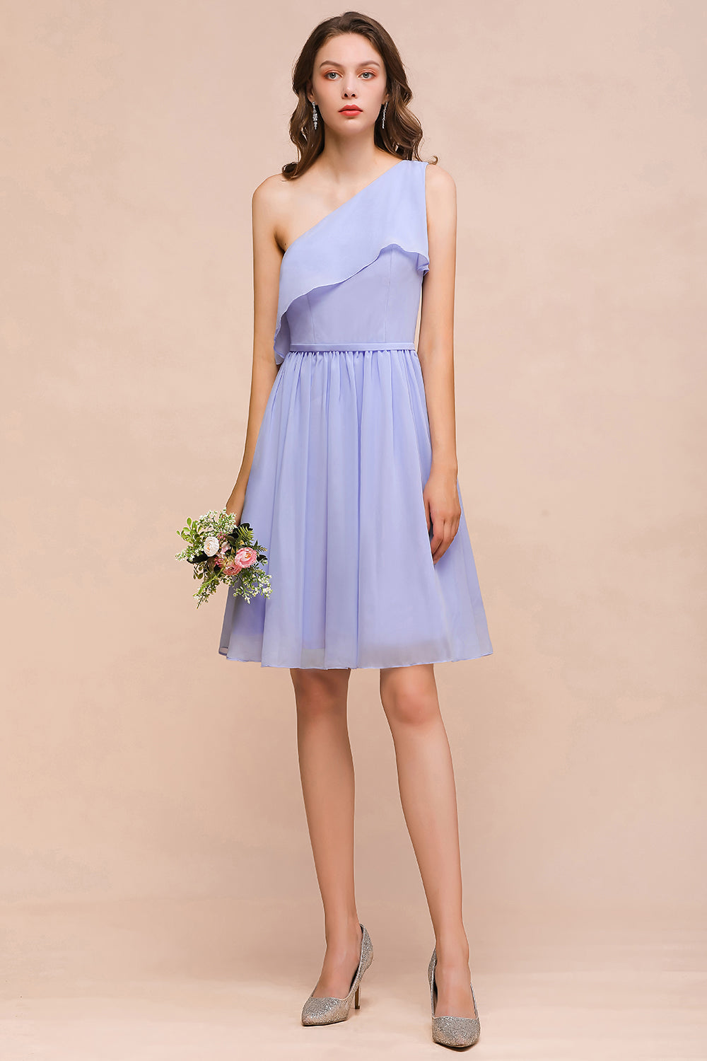 Affordable One Shoulder Ruffle Lavender Chiffon Short Bridesmaid Dresses - Fashionpara