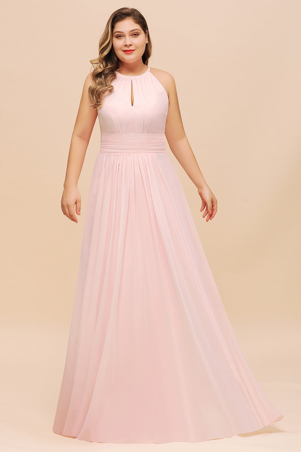 Affordable Plus Size Chiffon Round Neck Pink Bridesmaid Dresses - Fashionpara