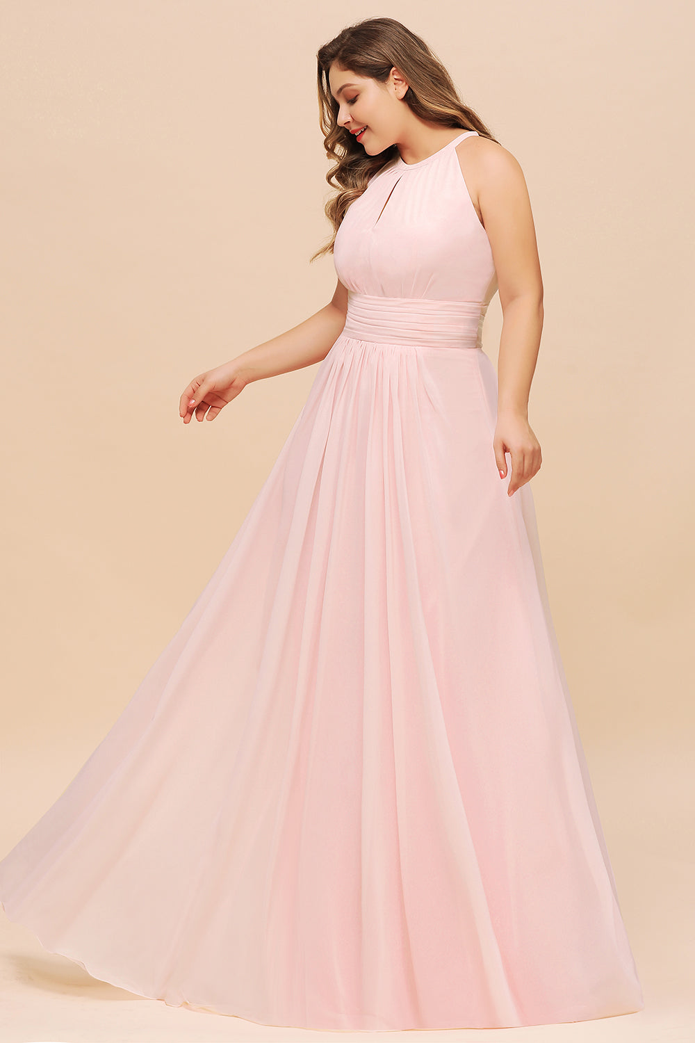 Affordable Plus Size Chiffon Round Neck Pink Bridesmaid Dresses - Fashionpara