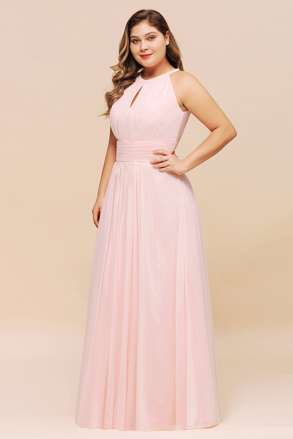 Affordable Plus Size Chiffon Round Neck Pink Bridesmaid Dresses - Fashionpara