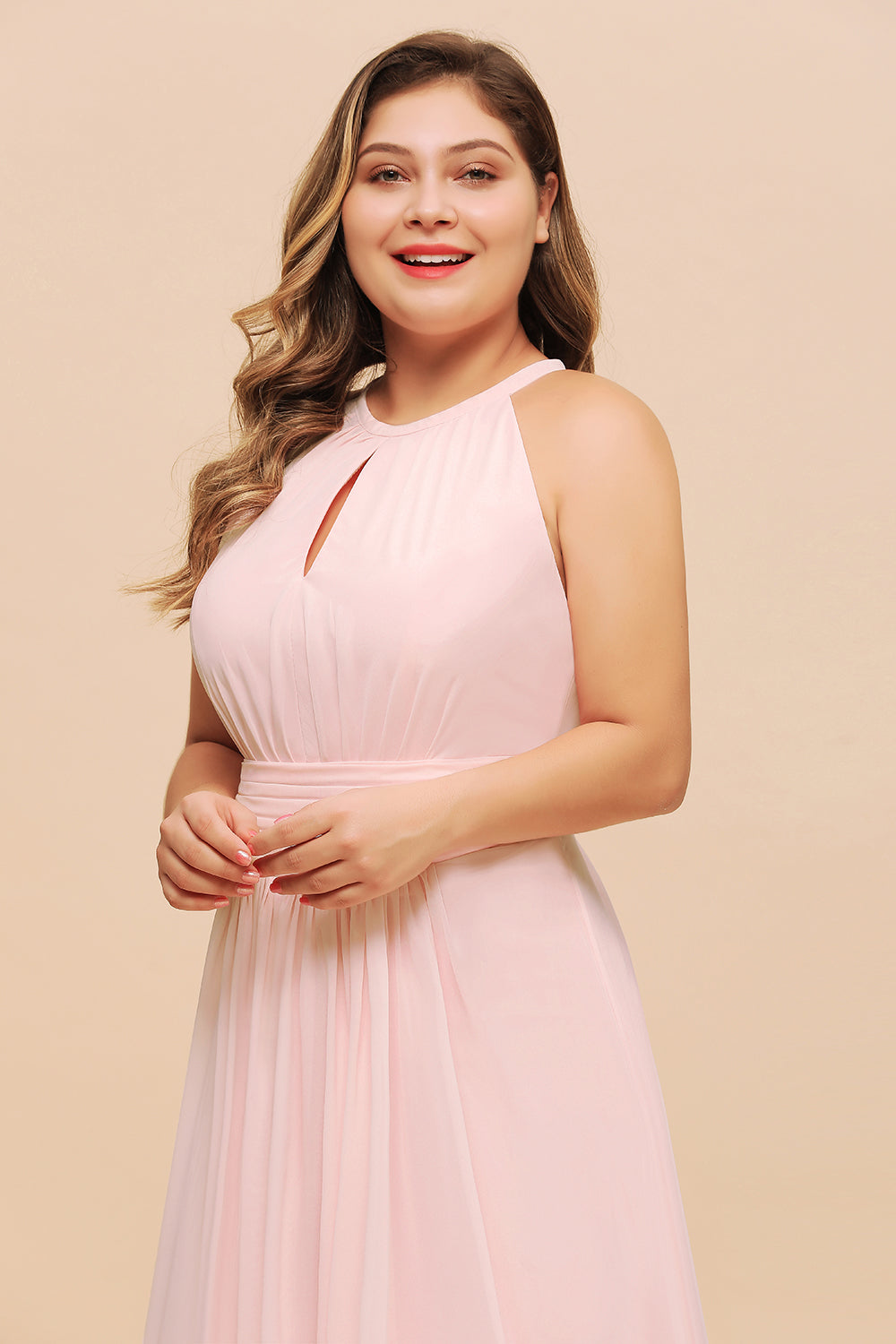 Affordable Plus Size Chiffon Round Neck Pink Bridesmaid Dresses - Fashionpara
