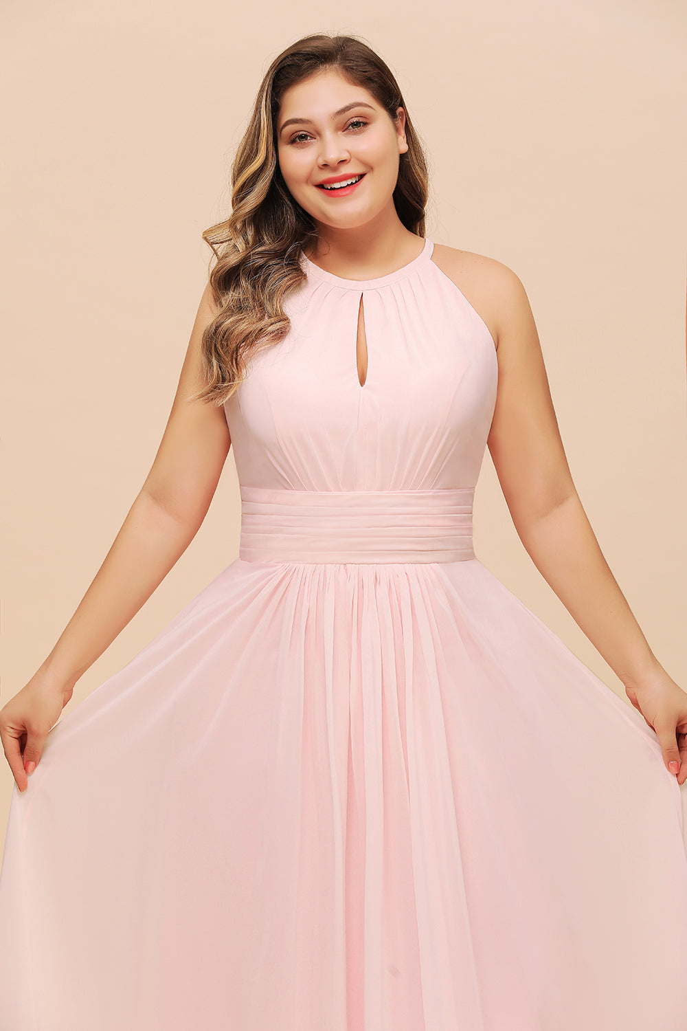 Affordable Plus Size Chiffon Round Neck Pink Bridesmaid Dresses - Fashionpara