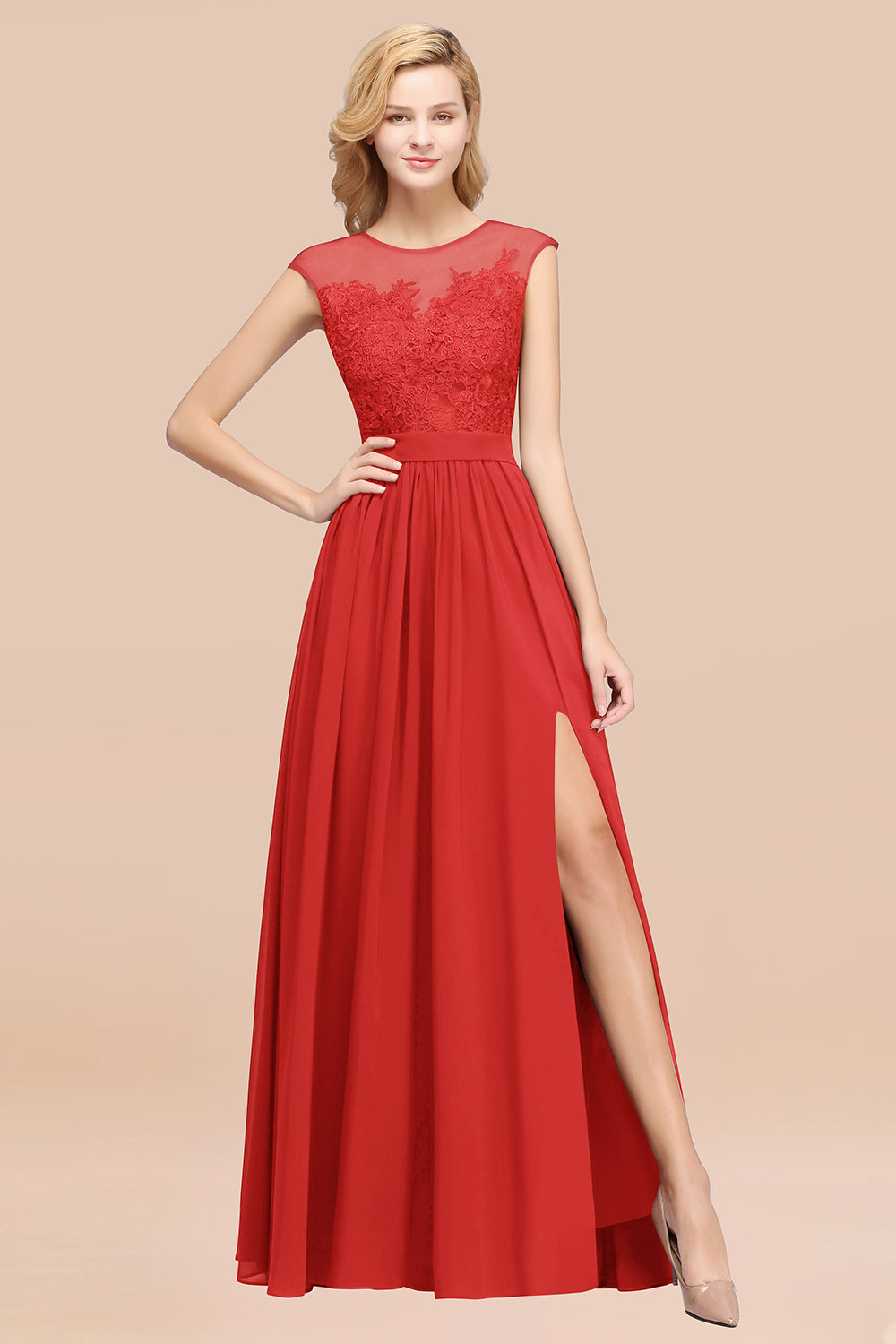 Affordable Scoop Lace Appliques Yellow Bridesmaid dresses with Slit - Fashionpara