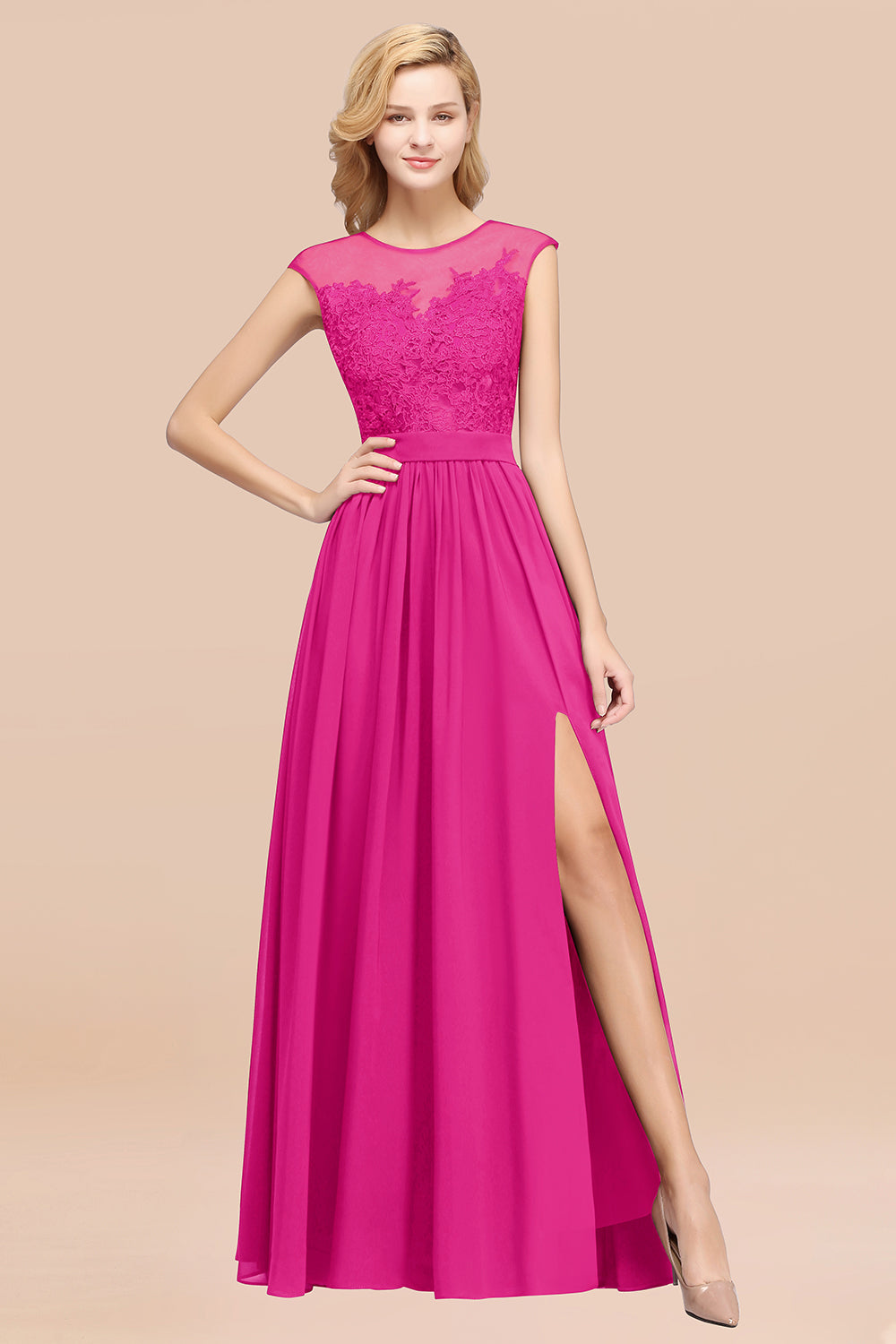 Affordable Scoop Lace Appliques Yellow Bridesmaid dresses with Slit - Fashionpara