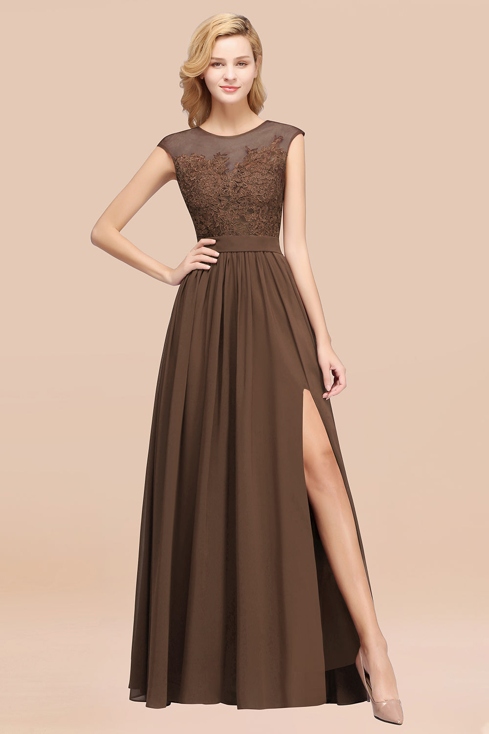 Affordable Scoop Lace Appliques Yellow Bridesmaid dresses with Slit - Fashionpara
