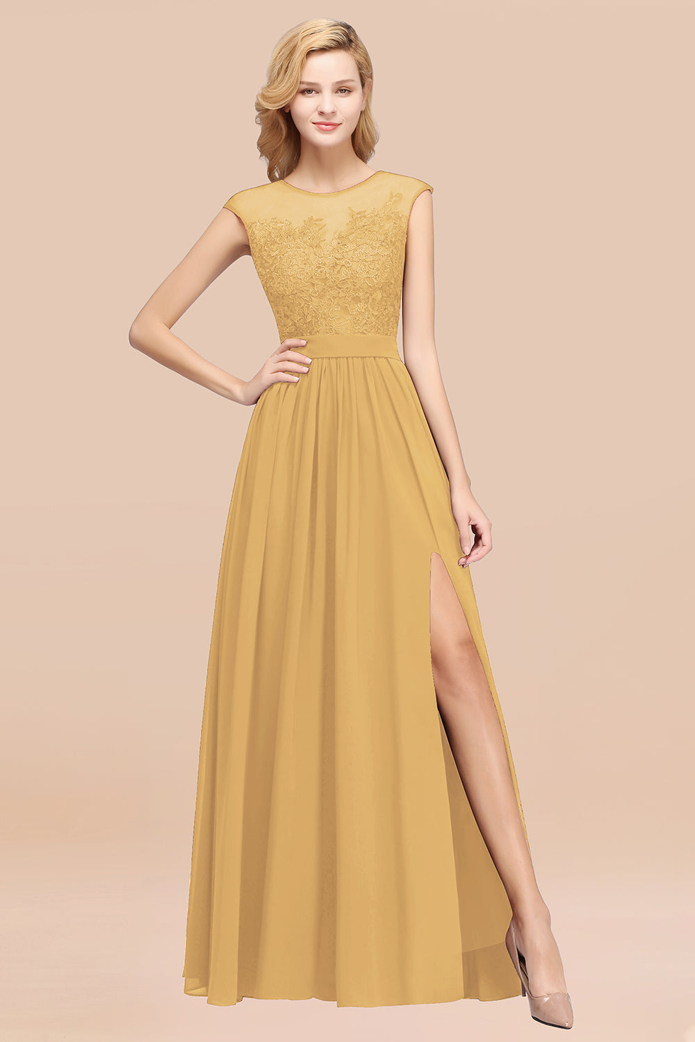 Affordable Scoop Lace Appliques Yellow Bridesmaid dresses with Slit - Fashionpara