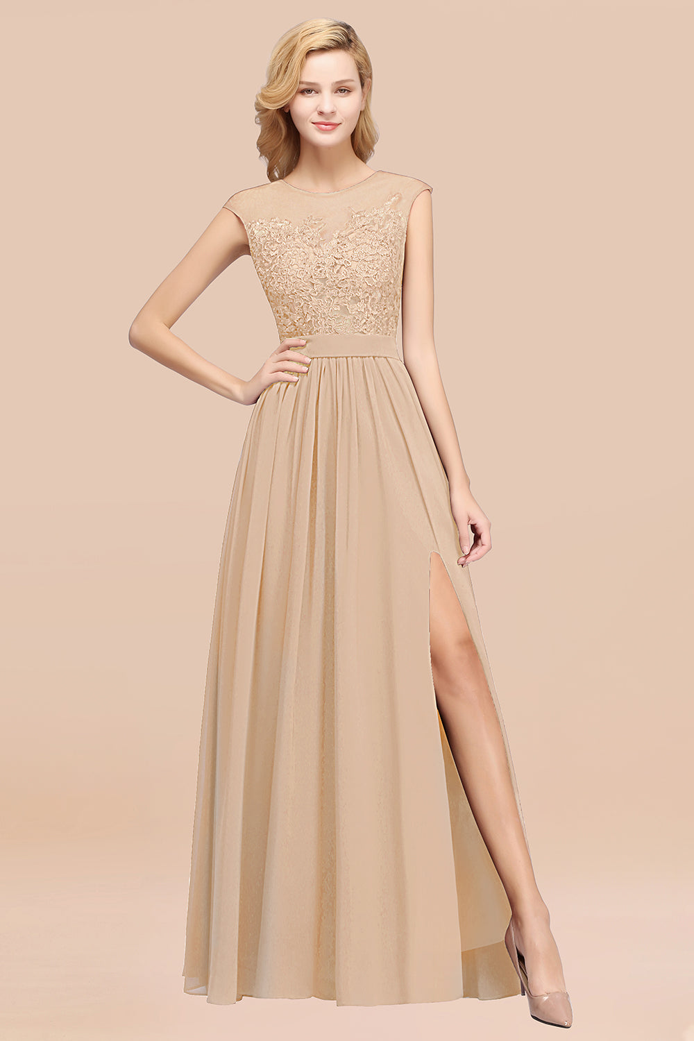 Affordable Scoop Lace Appliques Yellow Bridesmaid dresses with Slit - Fashionpara