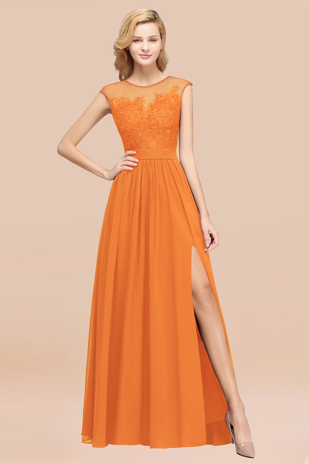 Affordable Scoop Lace Appliques Yellow Bridesmaid dresses with Slit - Fashionpara