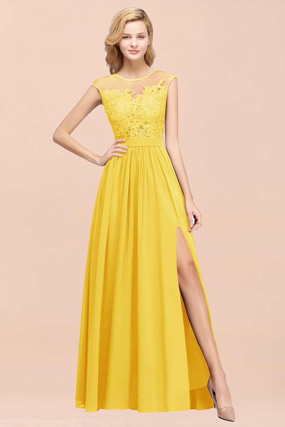Affordable Scoop Lace Appliques Yellow Bridesmaid dresses with Slit - Fashionpara