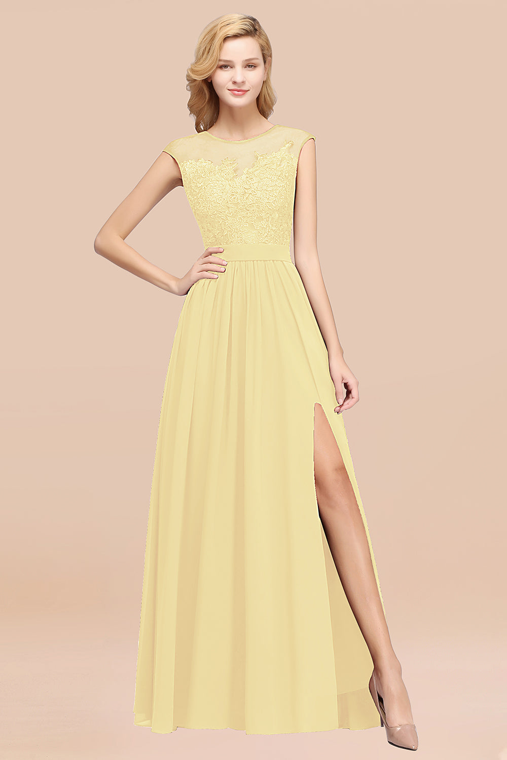 Affordable Scoop Lace Appliques Yellow Bridesmaid dresses with Slit - Fashionpara