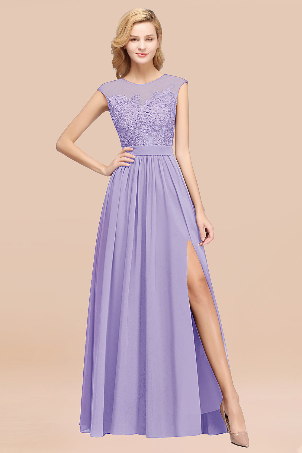 Affordable Scoop Lace Appliques Yellow Bridesmaid dresses with Slit - Fashionpara
