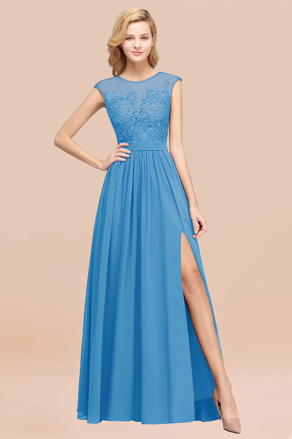 Affordable Scoop Lace Appliques Yellow Bridesmaid dresses with Slit - Fashionpara