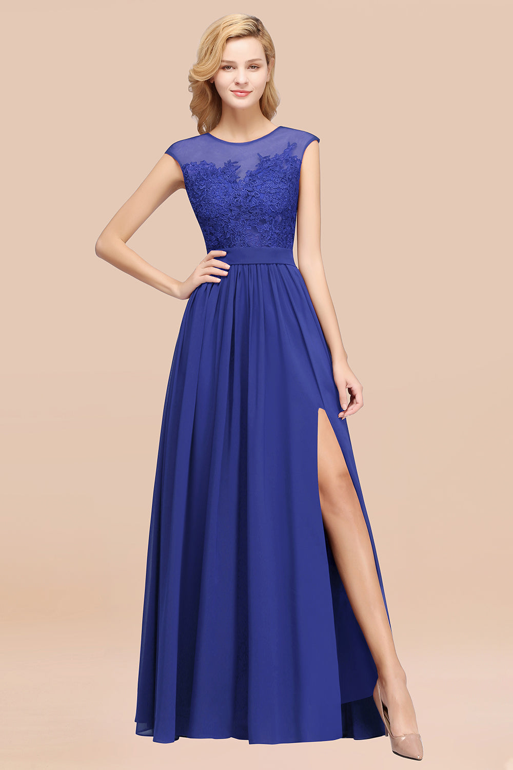 Affordable Scoop Lace Appliques Yellow Bridesmaid dresses with Slit - Fashionpara