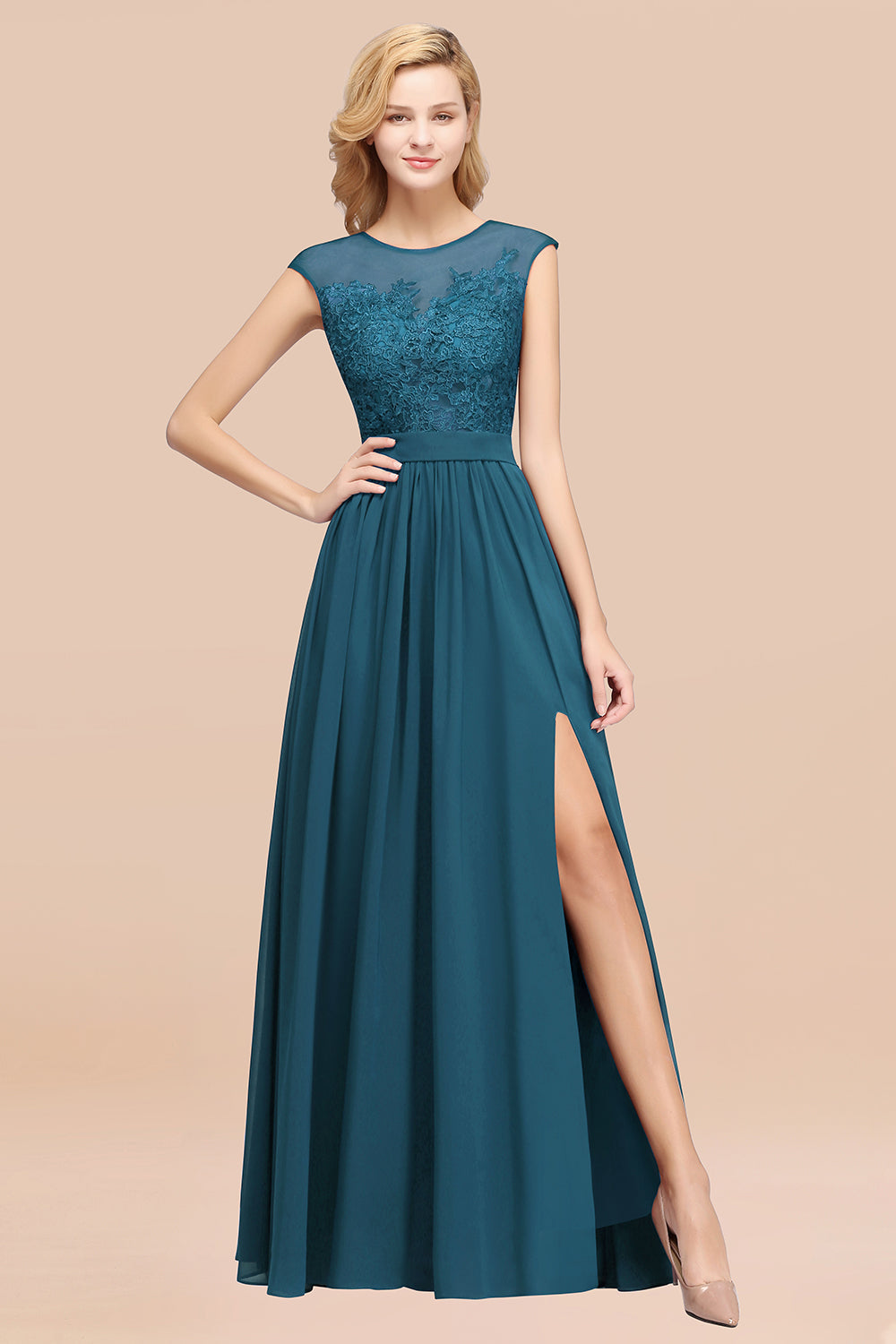 Affordable Scoop Lace Appliques Yellow Bridesmaid dresses with Slit - Fashionpara