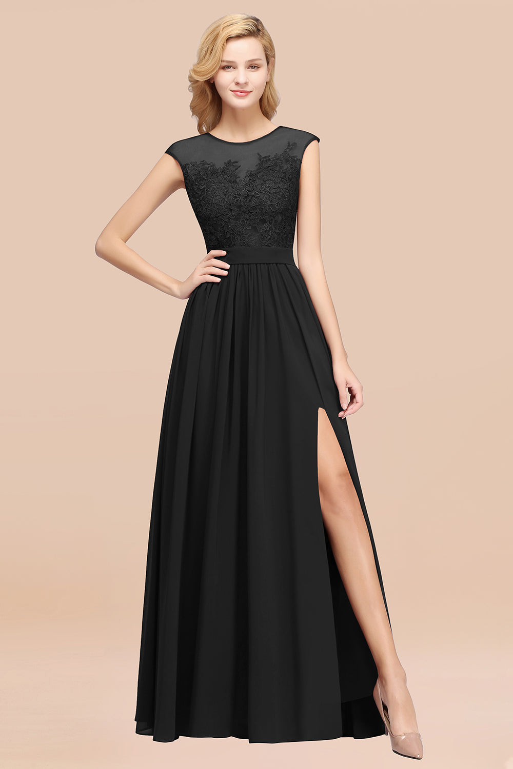 Affordable Scoop Lace Appliques Yellow Bridesmaid dresses with Slit - Fashionpara