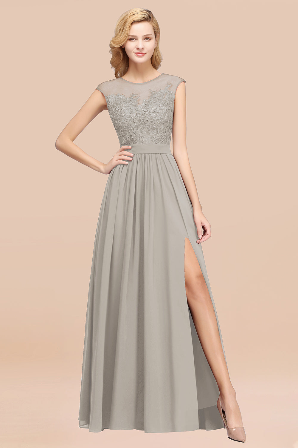 Affordable Scoop Lace Appliques Yellow Bridesmaid dresses with Slit - Fashionpara