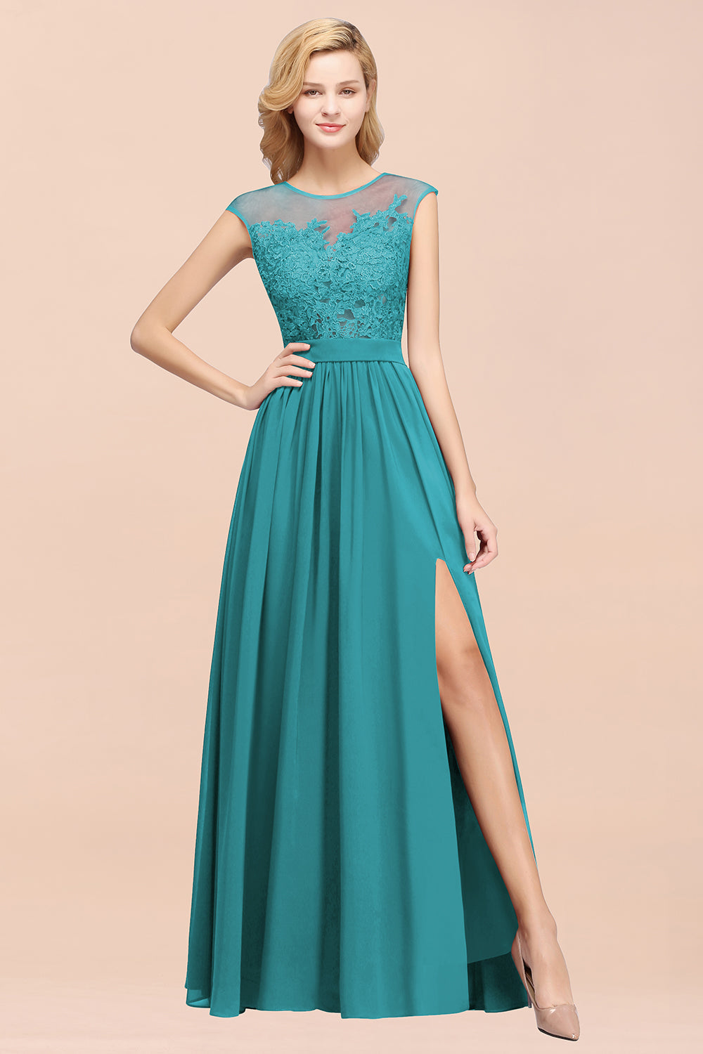 Affordable Scoop Lace Appliques Yellow Bridesmaid dresses with Slit