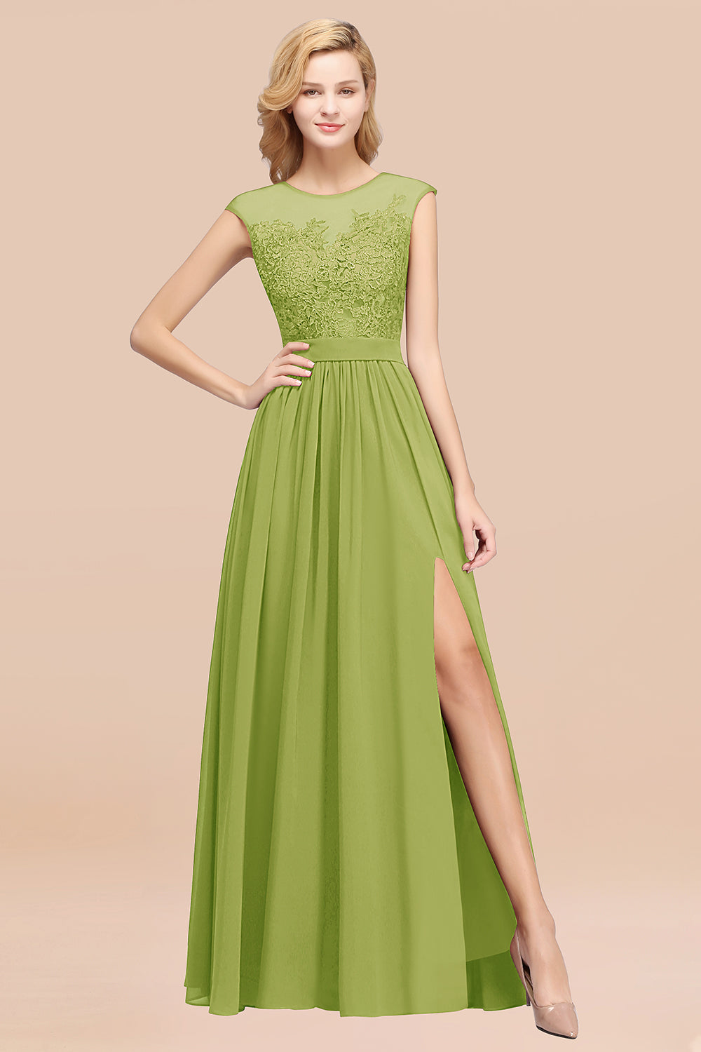 Affordable Scoop Lace Appliques Yellow Bridesmaid dresses with Slit