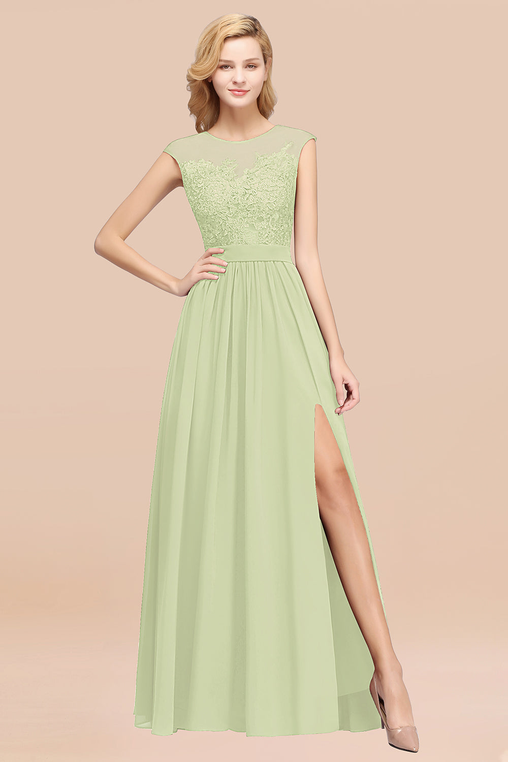 Affordable Scoop Lace Appliques Yellow Bridesmaid dresses with Slit