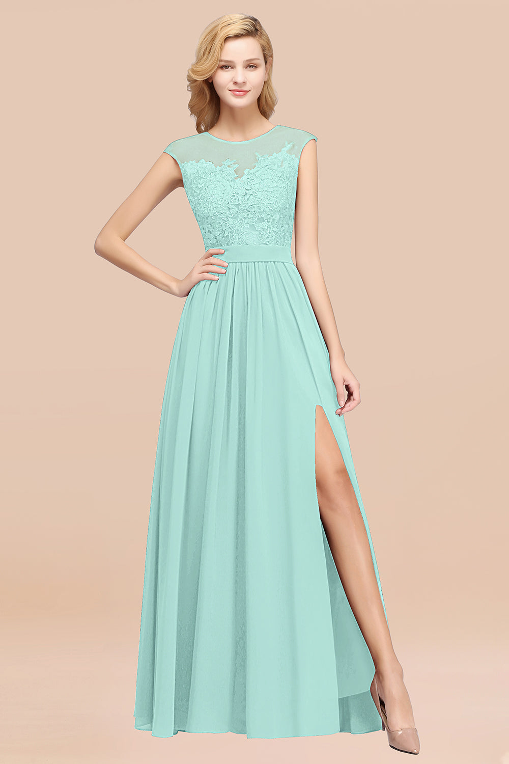 Affordable Scoop Lace Appliques Yellow Bridesmaid dresses with Slit