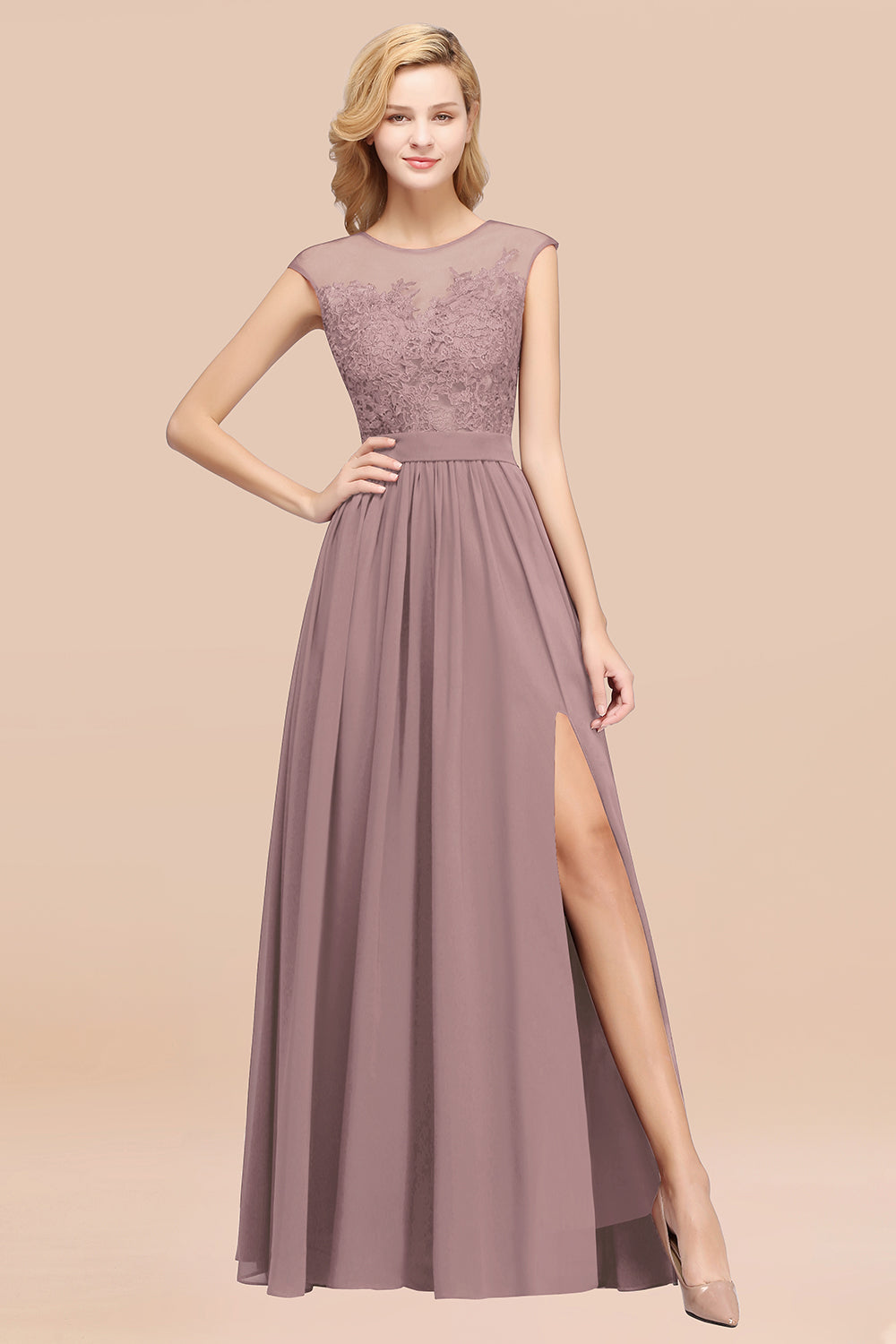 Affordable Scoop Lace Appliques Yellow Bridesmaid dresses with Slit
