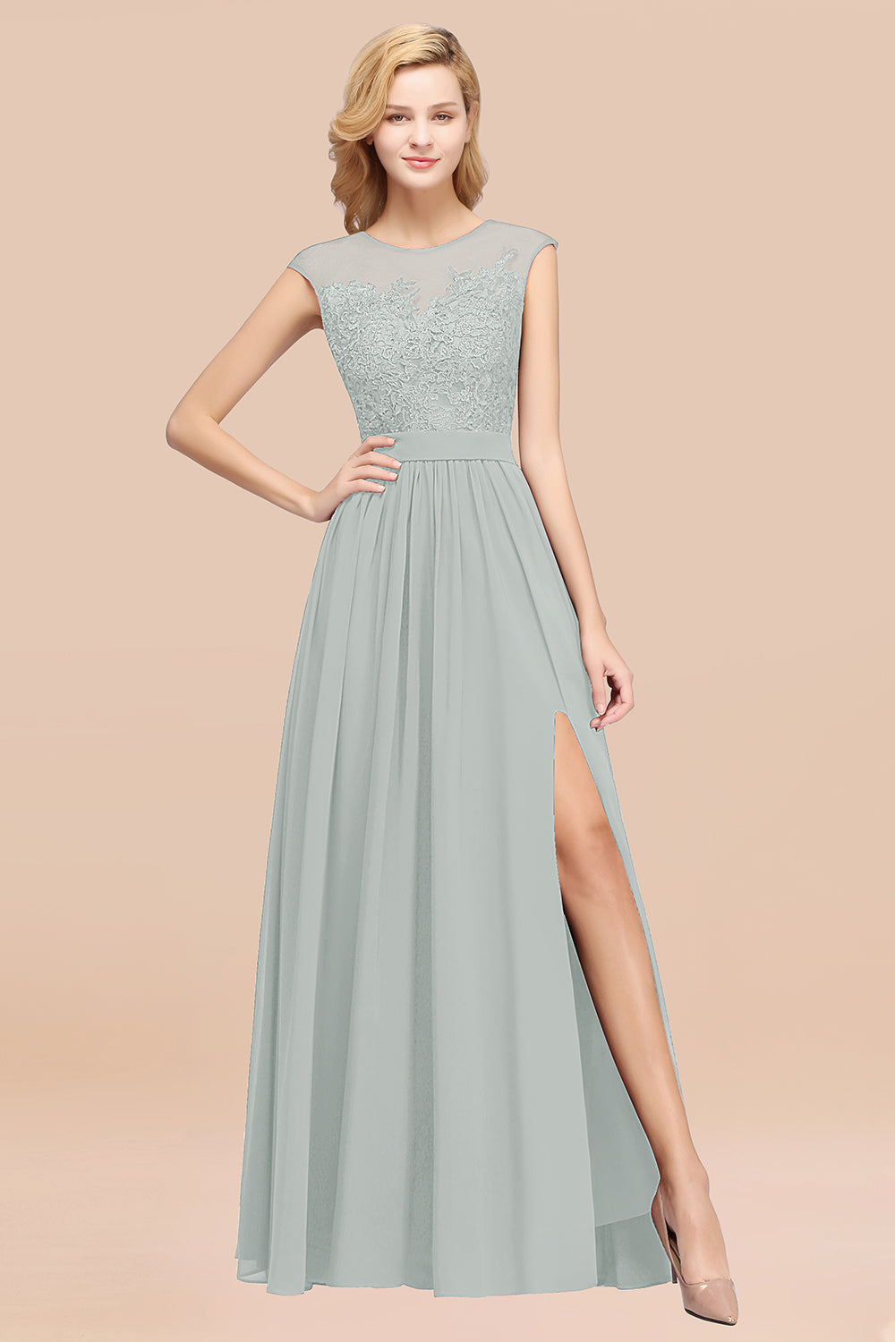 Affordable Scoop Lace Appliques Yellow Bridesmaid dresses with Slit