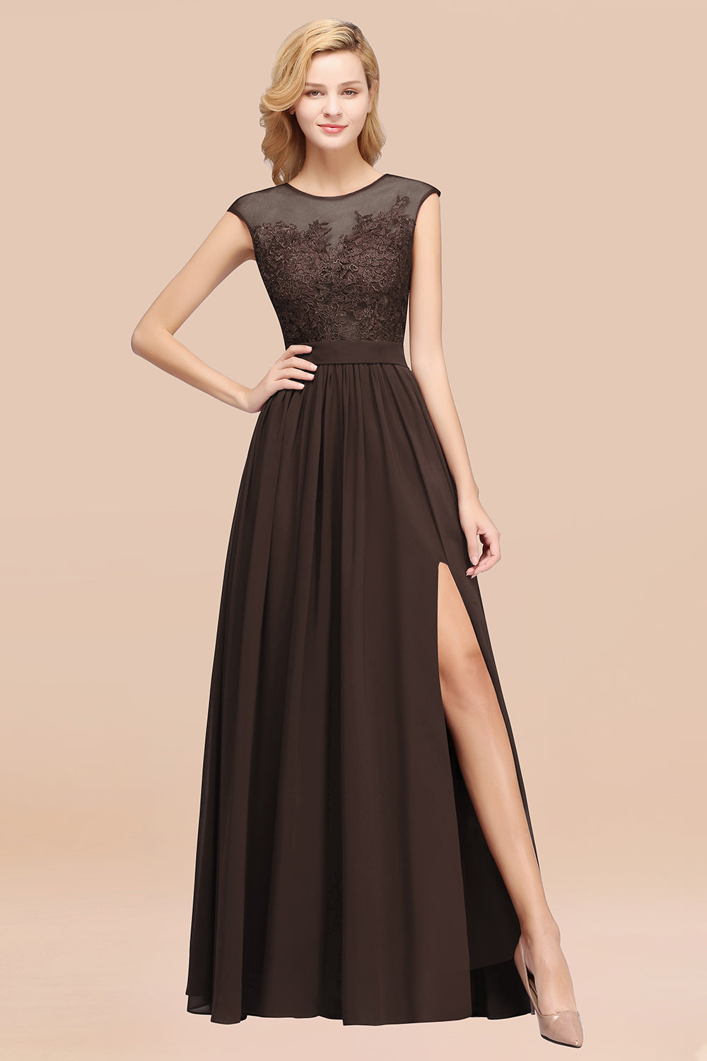 Affordable Scoop Lace Appliques Yellow Bridesmaid dresses with Slit - Fashionpara