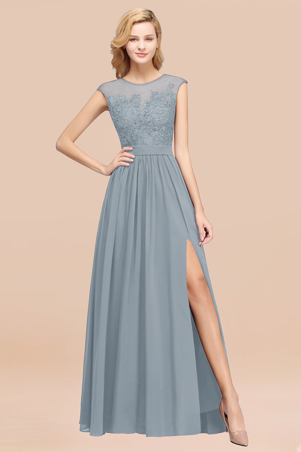Affordable Scoop Lace Appliques Yellow Bridesmaid dresses with Slit