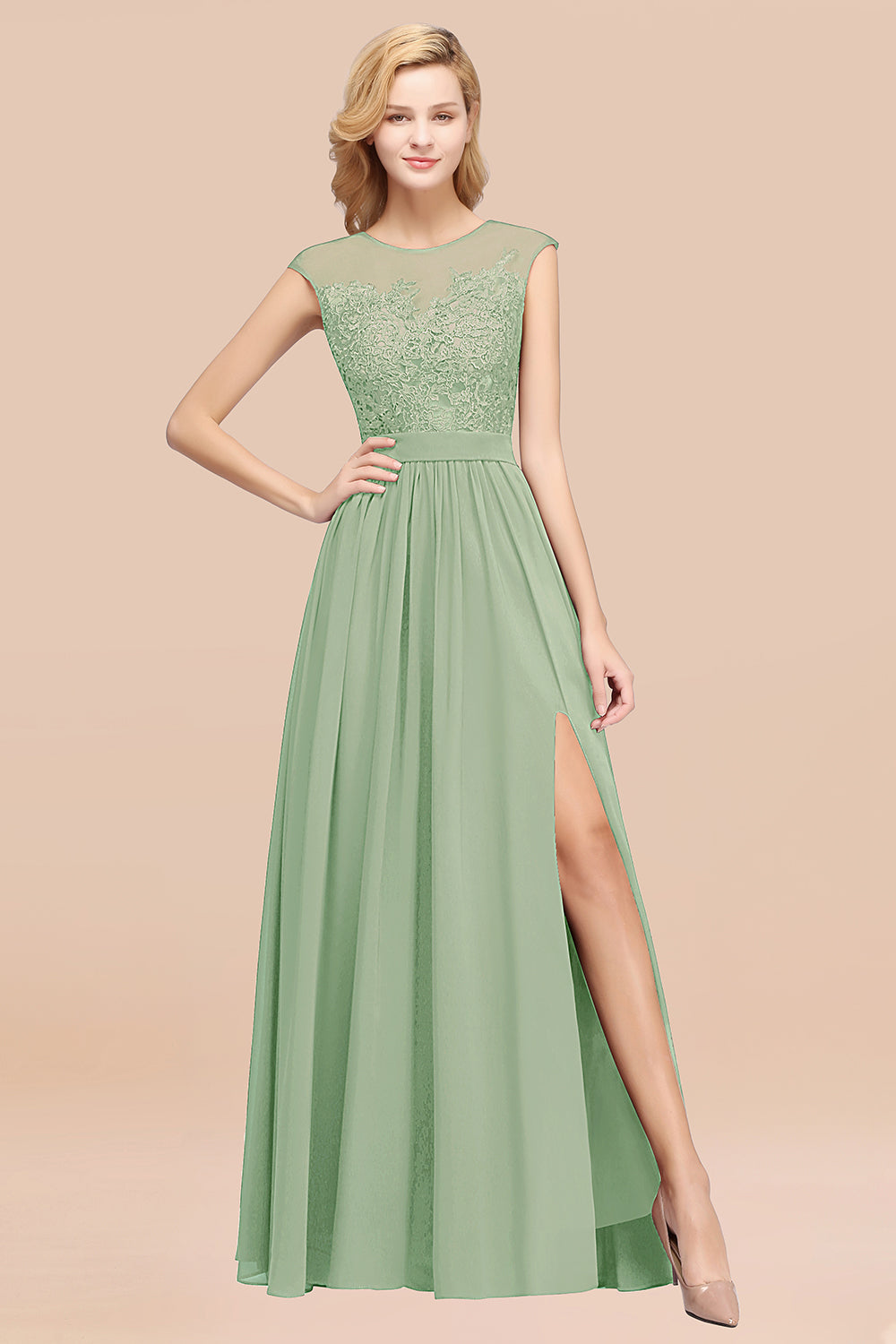 Affordable Scoop Lace Appliques Yellow Bridesmaid dresses with Slit