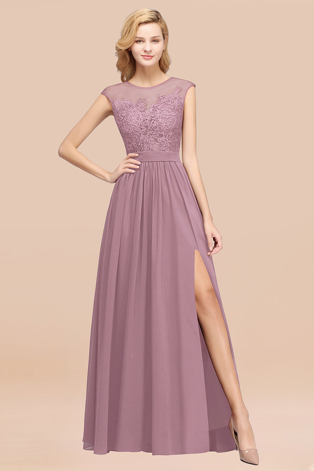 Affordable Scoop Lace Appliques Yellow Bridesmaid dresses with Slit