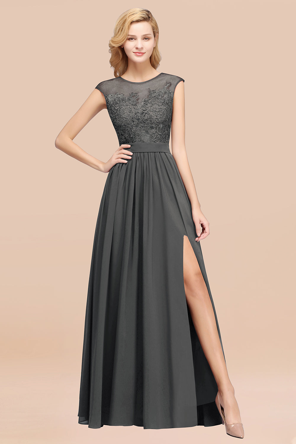 Affordable Scoop Lace Appliques Yellow Bridesmaid dresses with Slit