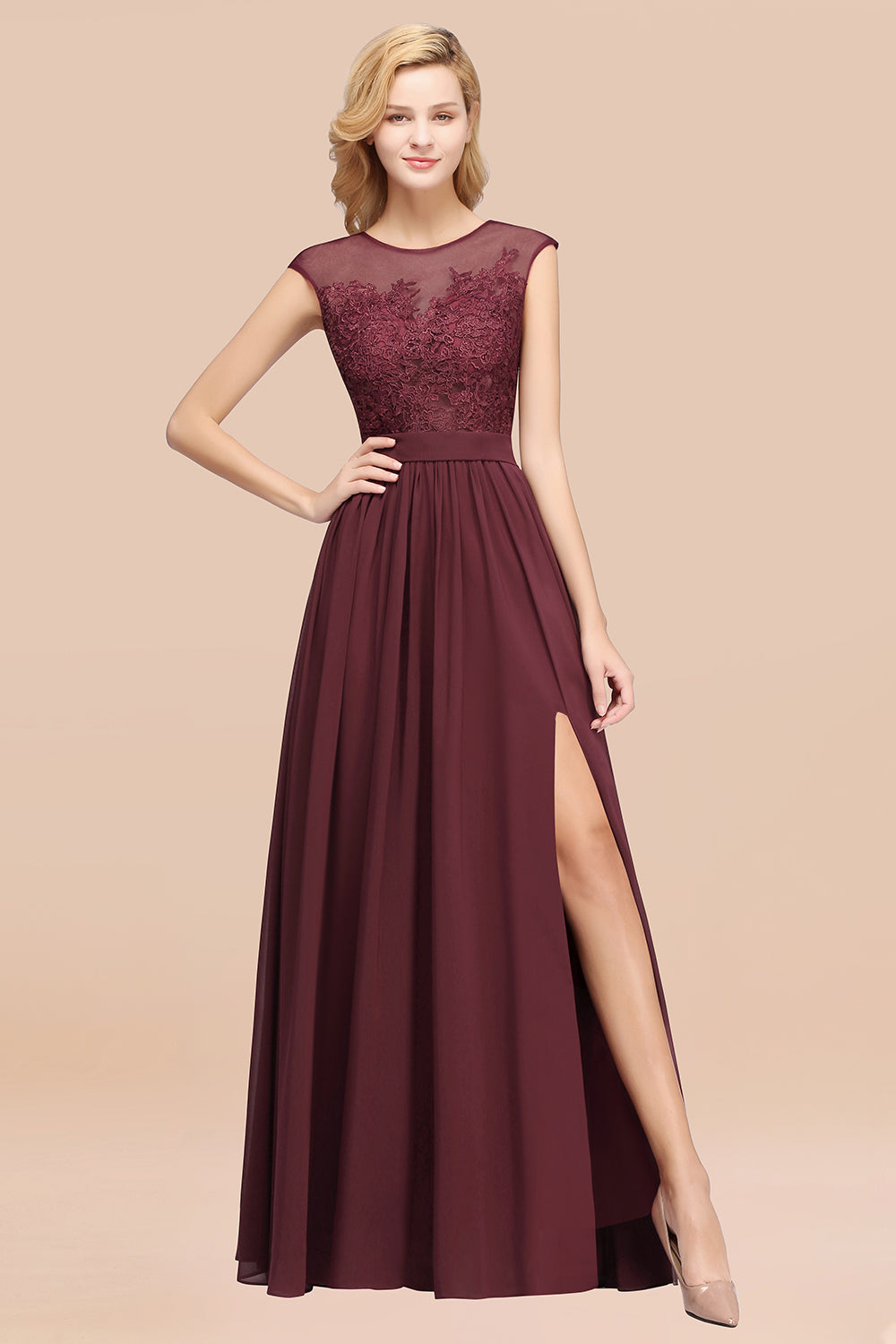 Affordable Scoop Lace Appliques Yellow Bridesmaid dresses with Slit