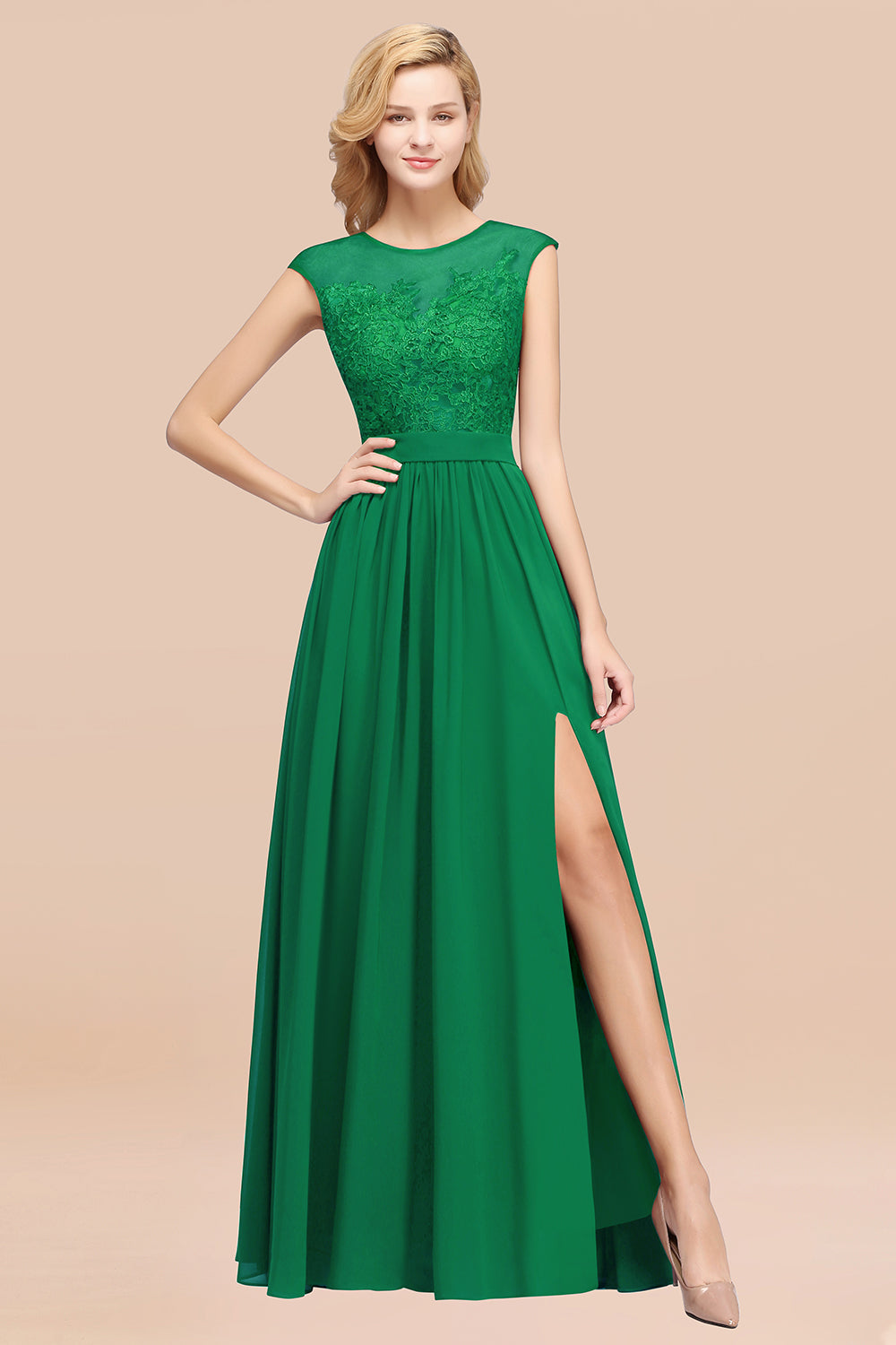 Affordable Scoop Lace Appliques Yellow Bridesmaid dresses with Slit