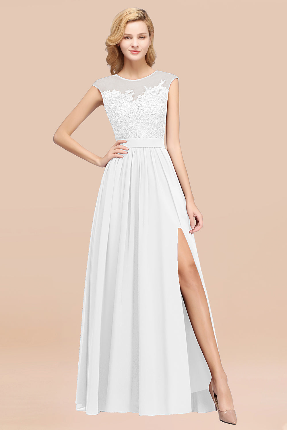 Affordable Scoop Lace Appliques Yellow Bridesmaid dresses with Slit - Fashionpara