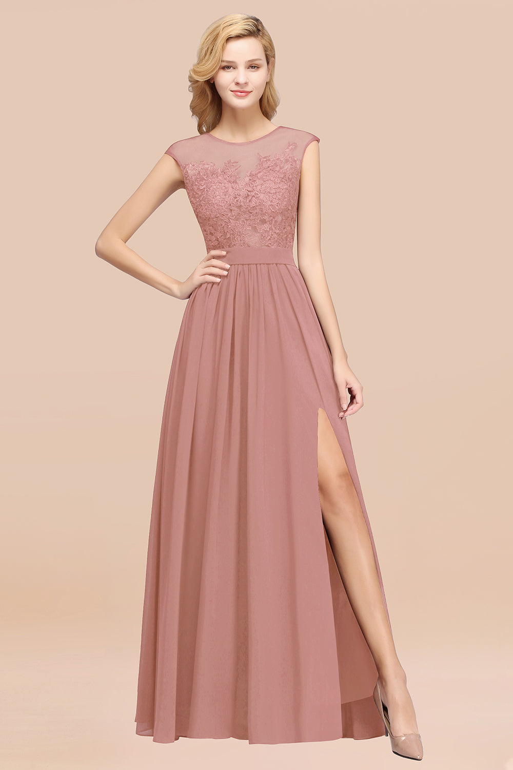 Affordable Scoop Lace Appliques Yellow Bridesmaid dresses with Slit