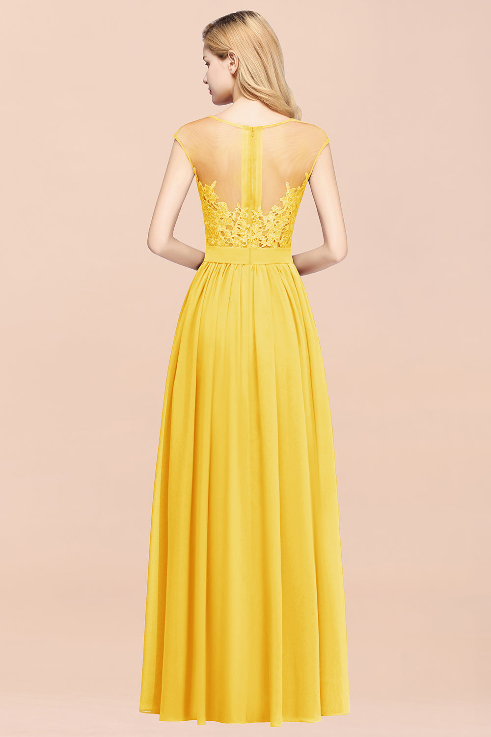 Affordable Scoop Lace Appliques Yellow Bridesmaid dresses with Slit