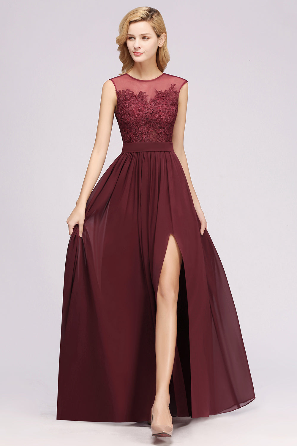 Affordable Scoop Lace Appliques Yellow Bridesmaid dresses with Slit