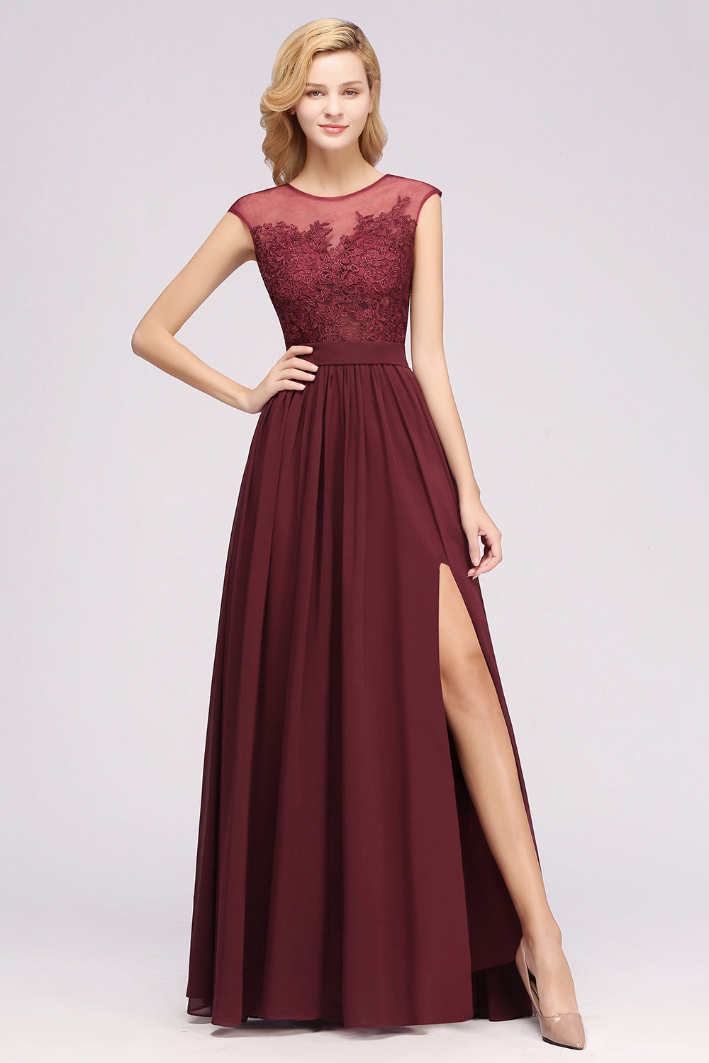 Affordable Scoop Lace Appliques Yellow Bridesmaid dresses with Slit