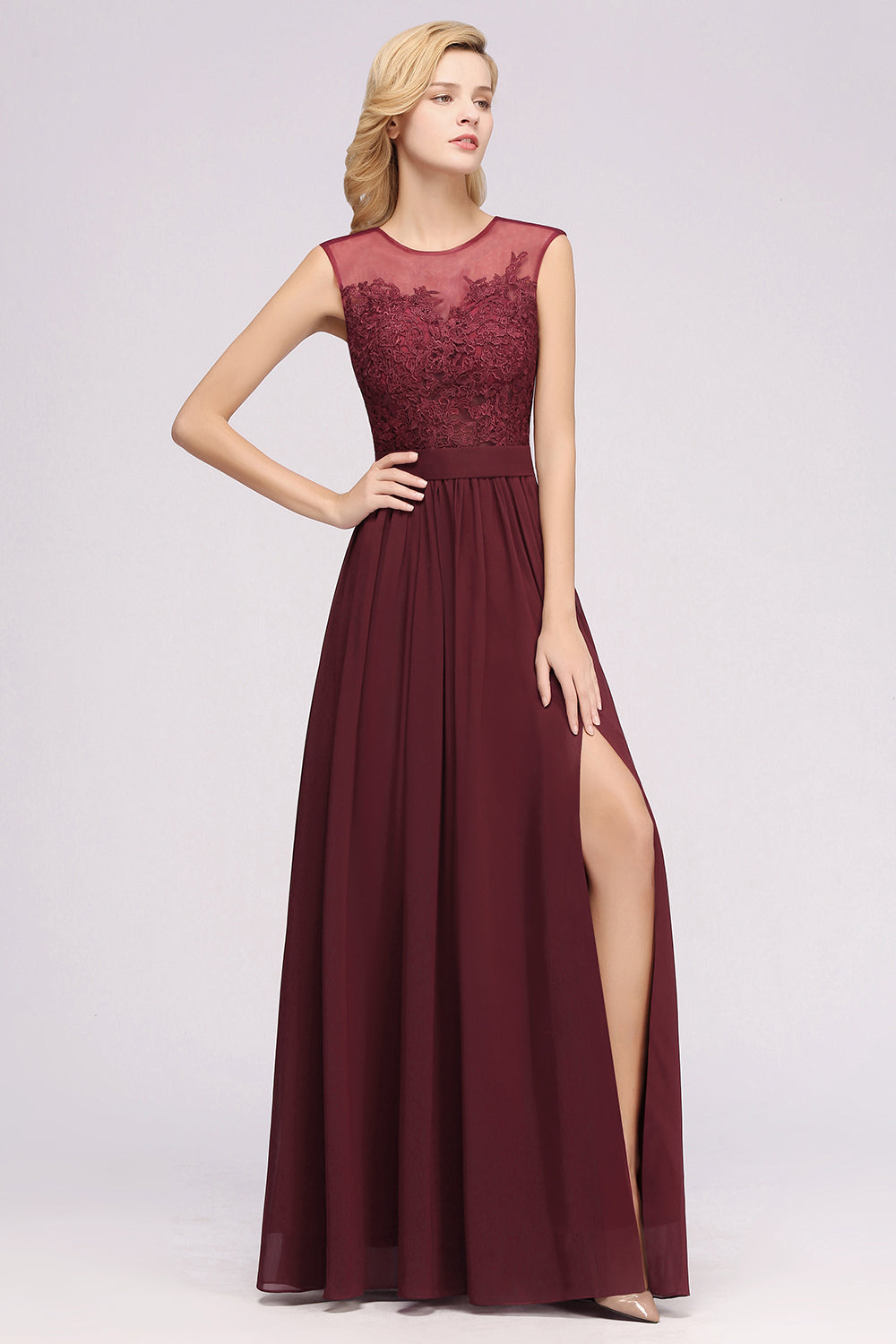 Affordable Scoop Lace Appliques Yellow Bridesmaid dresses with Slit