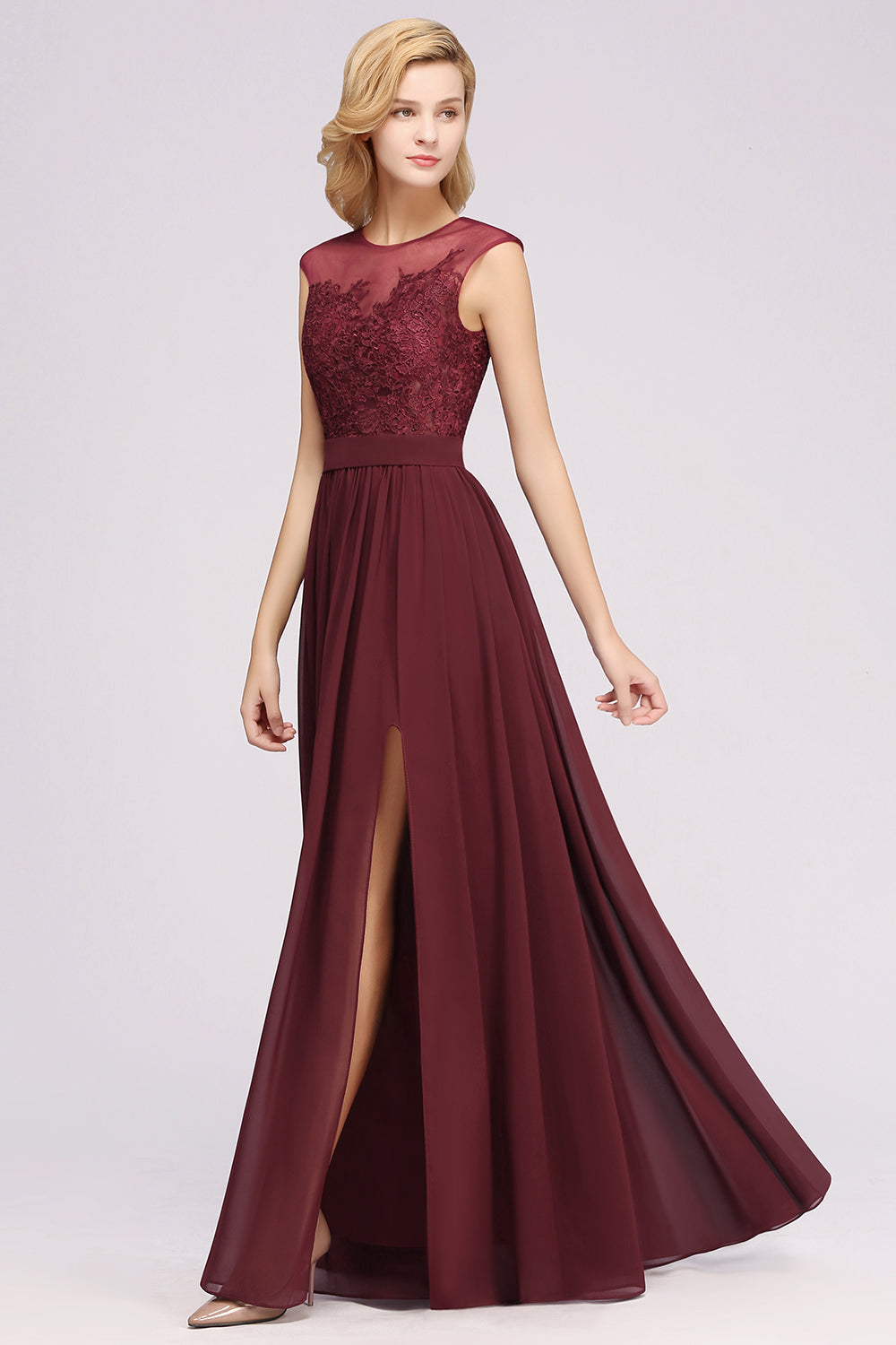 Affordable Scoop Lace Appliques Yellow Bridesmaid dresses with Slit