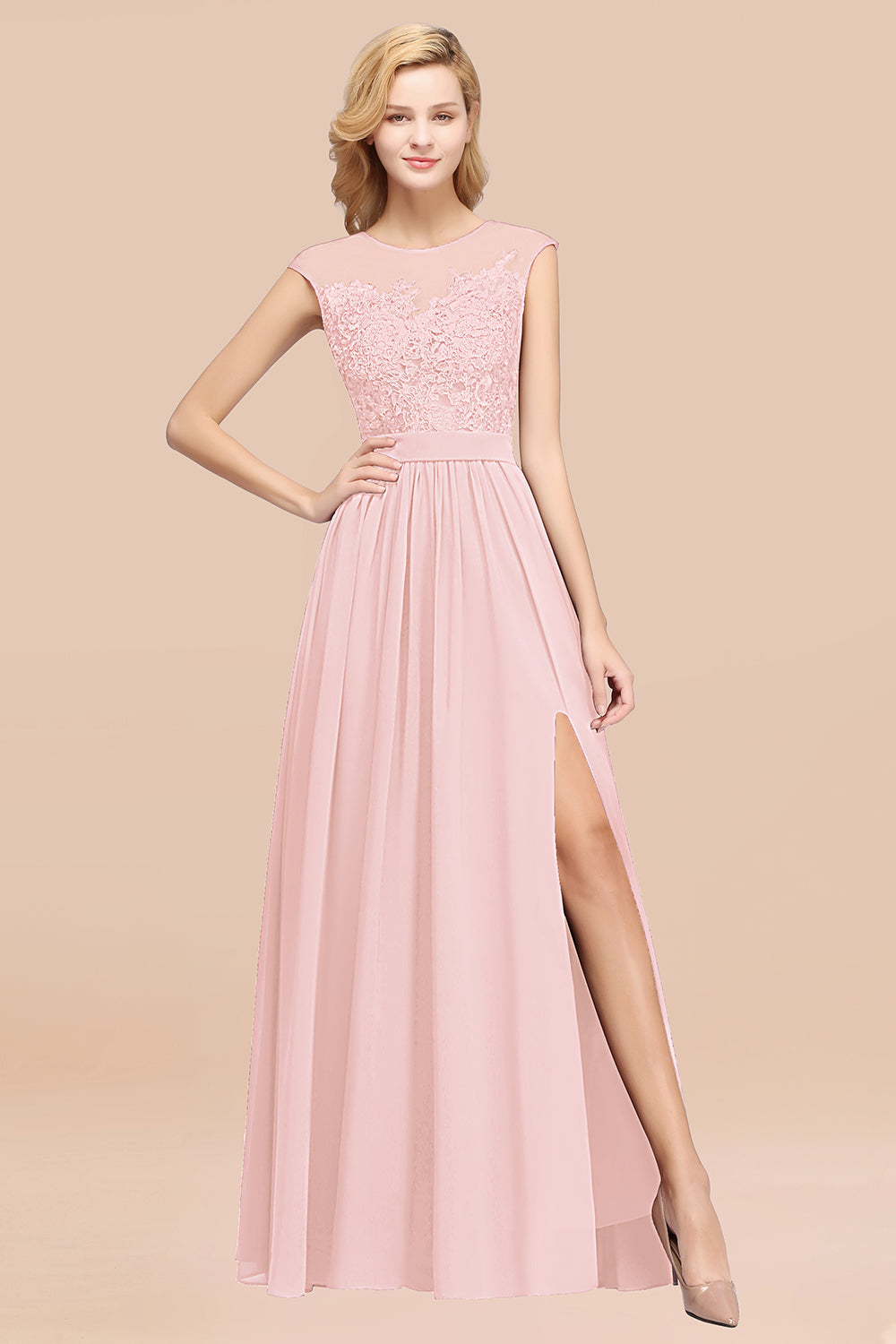 Affordable Scoop Lace Appliques Yellow Bridesmaid dresses with Slit - Fashionpara