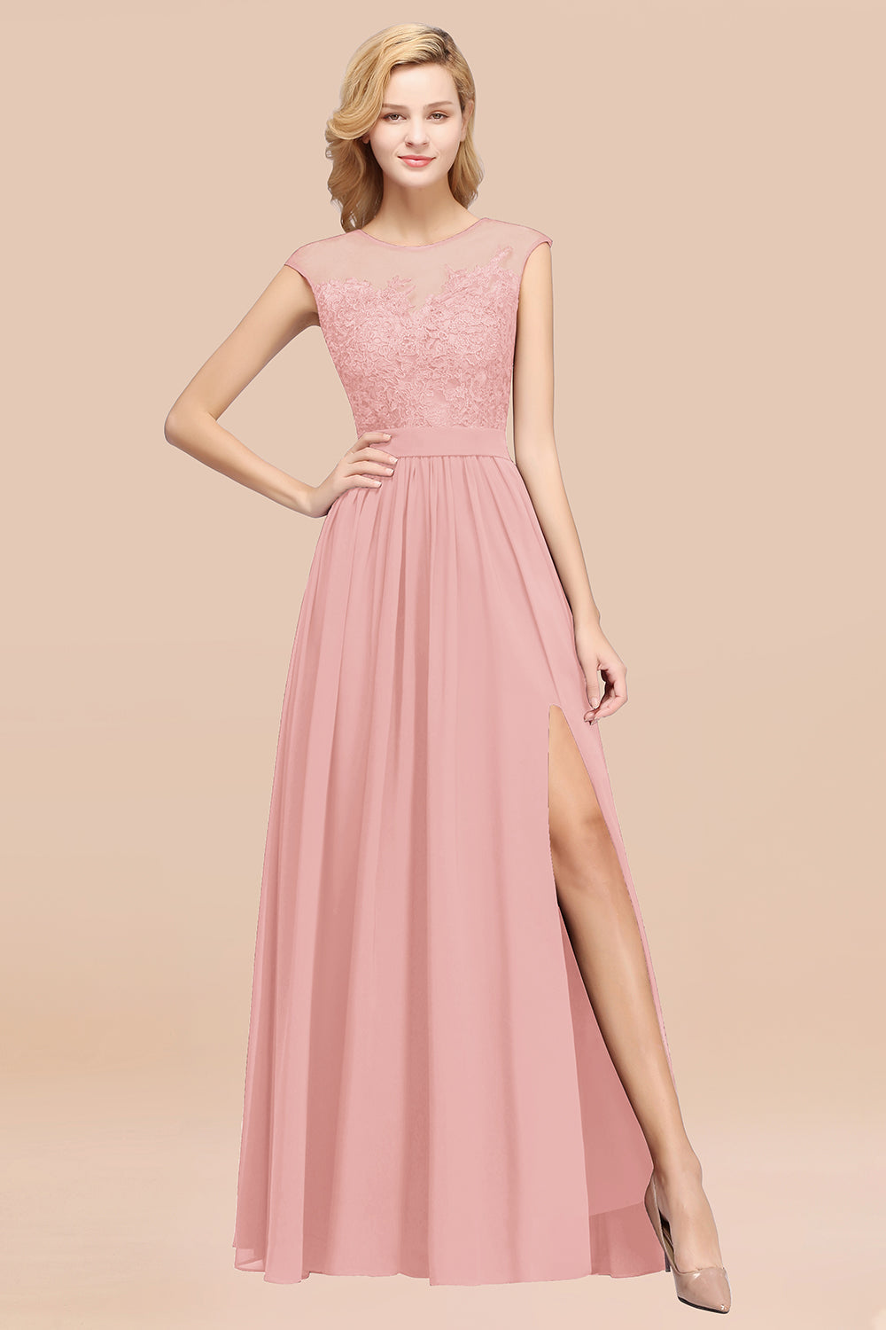 Affordable Scoop Lace Appliques Yellow Bridesmaid dresses with Slit - Fashionpara