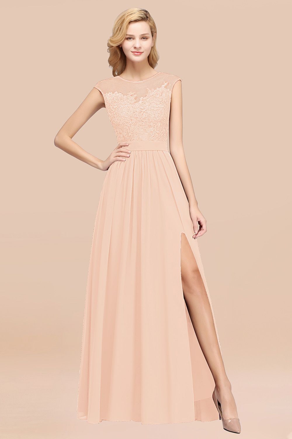 Affordable Scoop Lace Appliques Yellow Bridesmaid dresses with Slit - Fashionpara