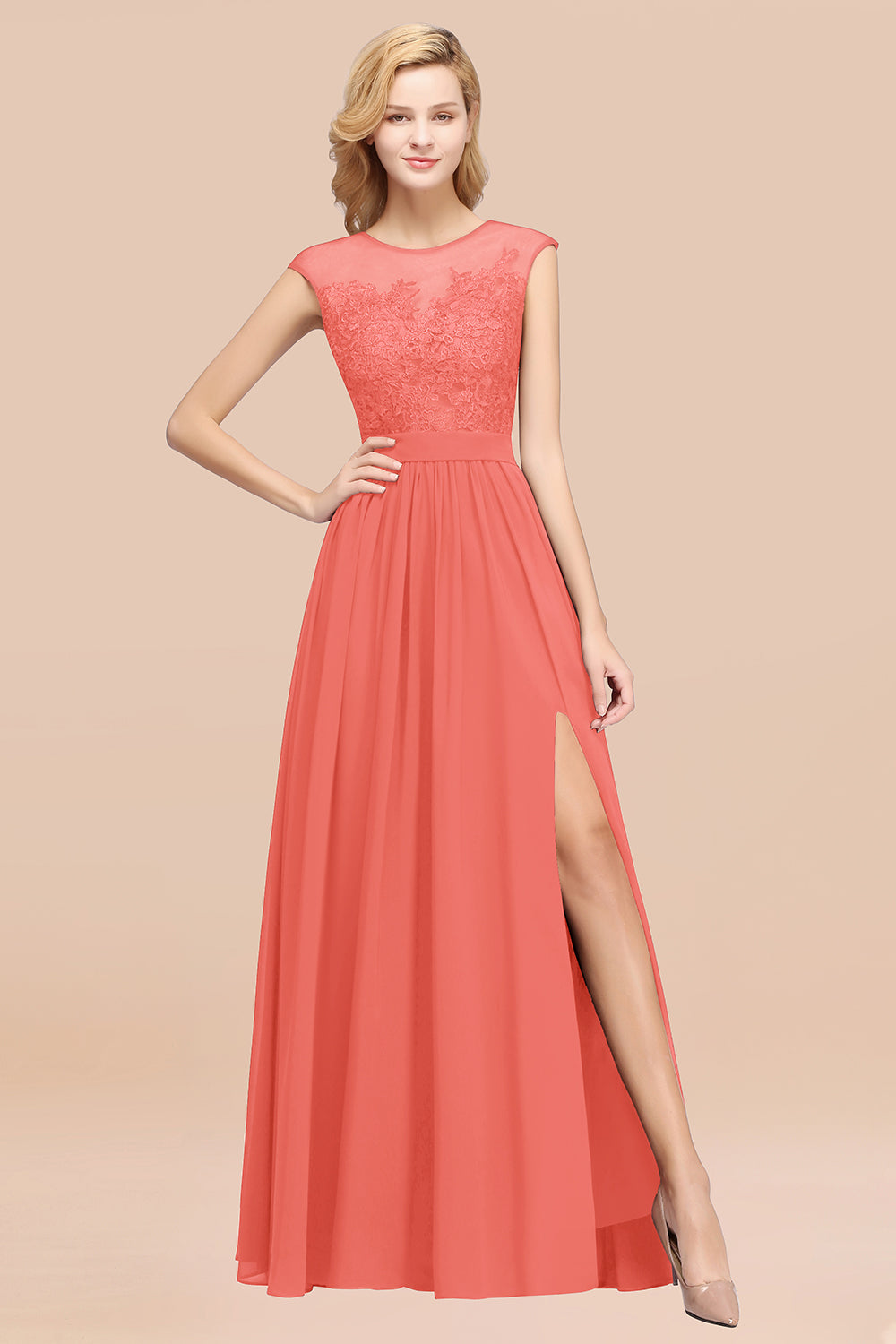 Affordable Scoop Lace Appliques Yellow Bridesmaid dresses with Slit - Fashionpara