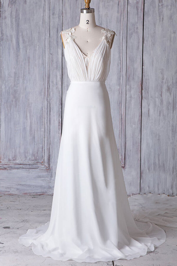 Affordable Sheath Chiffon Wedding Dress Appliques Sleeveless Backless Bridal Gowns On Sale - Fashionpara