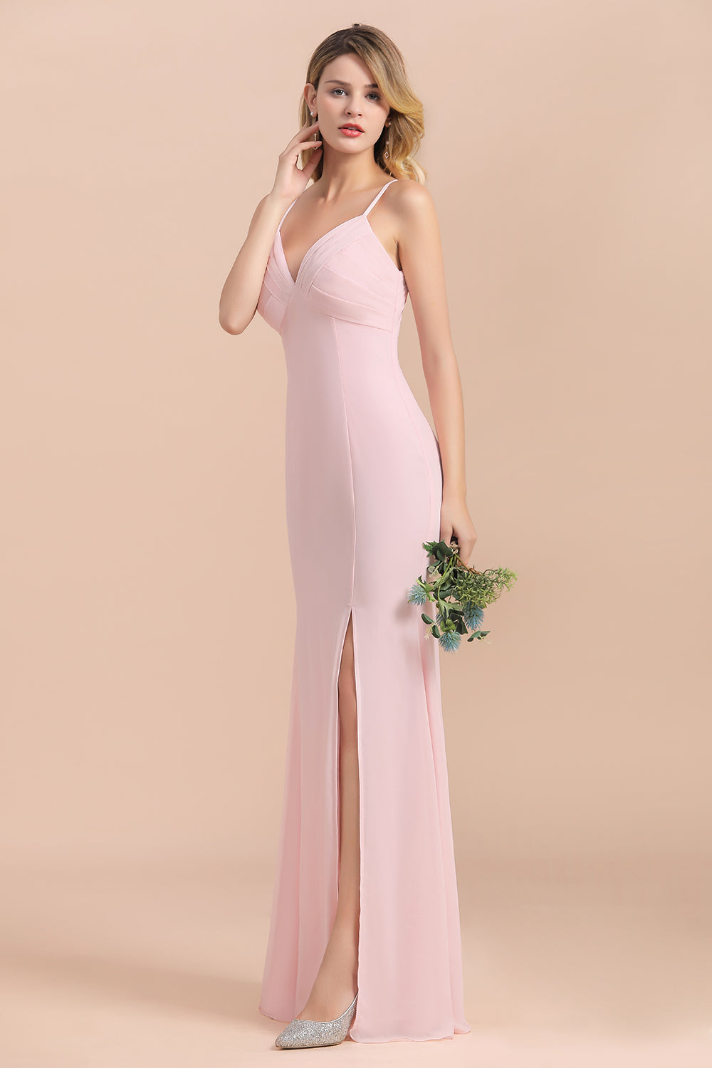 Affordable Sheath V-Neck Blushing Pink Chiffon Bridesmaid Dresses with Spaghetii Straps - Fashionpara