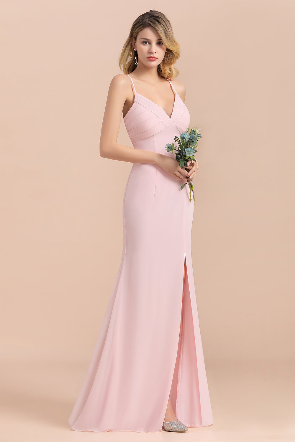 Affordable Sheath V-Neck Blushing Pink Chiffon Bridesmaid Dresses with Spaghetii Straps - Fashionpara