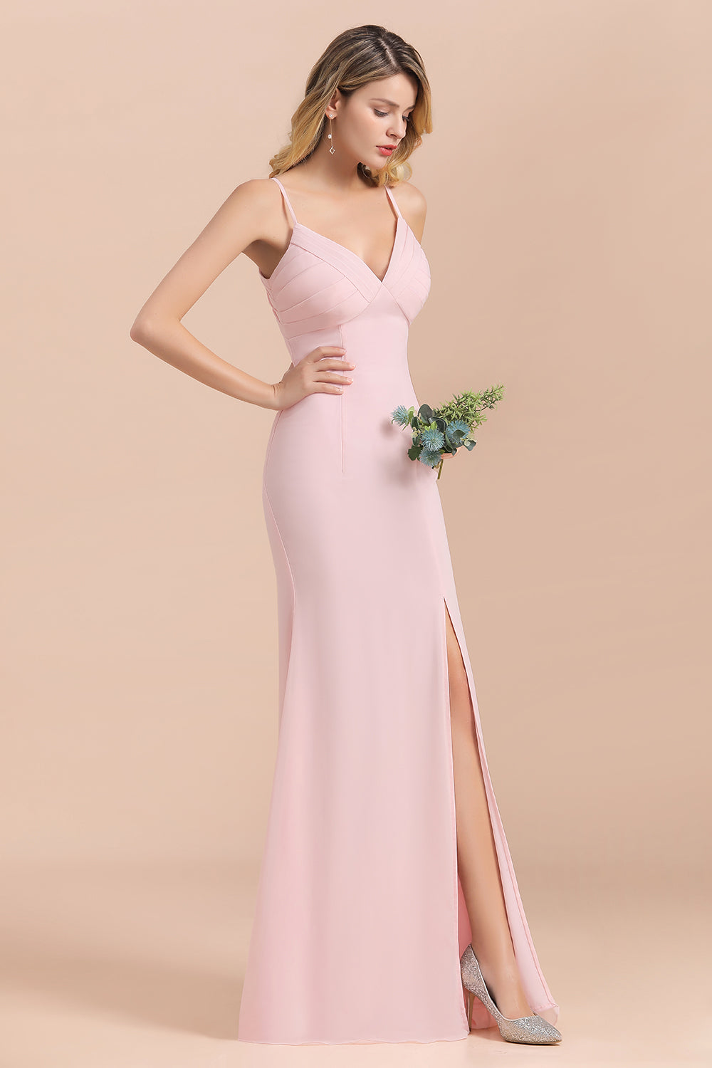 Affordable Sheath V-Neck Blushing Pink Chiffon Bridesmaid Dresses with Spaghetii Straps - Fashionpara